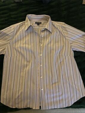 Lands' End Women's Short-Sleeve Striped Button-Down in White, Purple & Tan